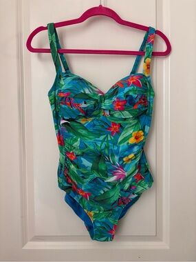Tropical Floral One-Piece Swimsuit in Green and Blue by